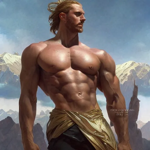 Prompt: ultra realistic illustration, a very tall and muscular gigachad flexing on top of a mountain, intricate, elegant, highly detailed, digital painting, artstation, concept art, smooth, sharp focus, illustration, art by artgerm and greg rutkowski and alphonse mucha