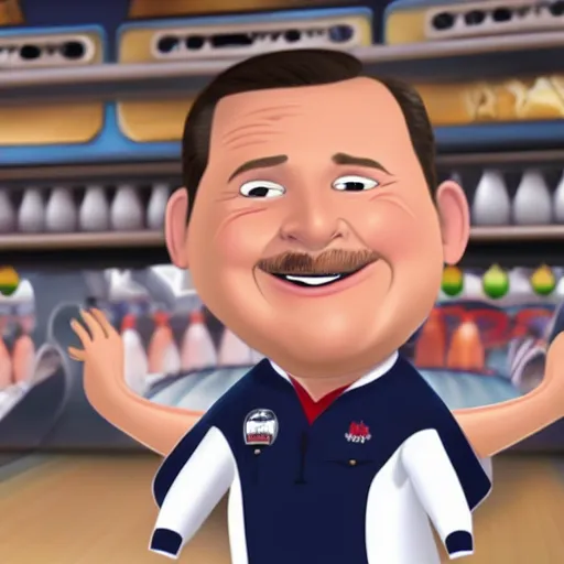 Image similar to Paul Blart bowling, animated, drawn like a Disney cartoon.
