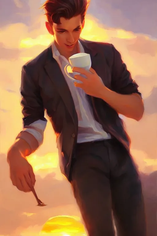 Image similar to attractive man drinking coffee, sunset, painting by ross tran, vladimir volegov, j. c. leyendecker, tom of finland, trending on artstation