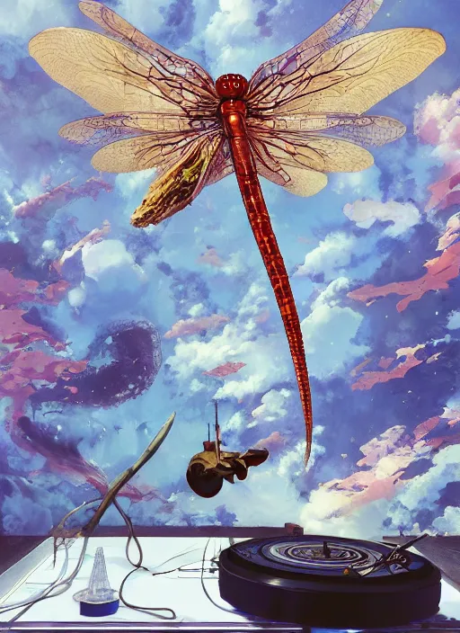 Image similar to surreal gouache painting, by yoshitaka amano, by ruan jia, by Conrad roset, by good smile company, detailed anime 3d render of a magical Dragonfly flying over a Mushroom on a DJ Mixer, Vinyl deck, controller, portrait, cgsociety, artstation, rococo mechanical and Digital and electronic, dieselpunk atmosphere