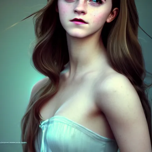 Image similar to beautiful cute teen girl resembling emma watson, natural beauty expressive pose, art by artgerm and greg rutkowski and alphonse mucha, but as a real life photograph glamour fashion pinup, photorealism, daz studio genesis Nvidia iray shaders, beautifully lit, ray traced, octane 3D render, unreal engine, cinematic lighting, HDRI, 8k textures