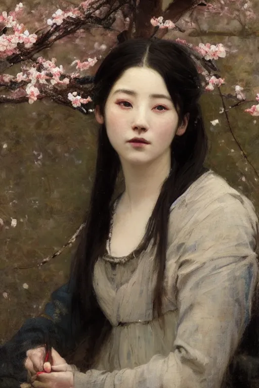 Image similar to Solomon Joseph Solomon and Richard Schmid and Jeremy Lipking victorian genre painting full length portrait painting of a young beautiful woman from japan with cherry blossoms and cherry trees