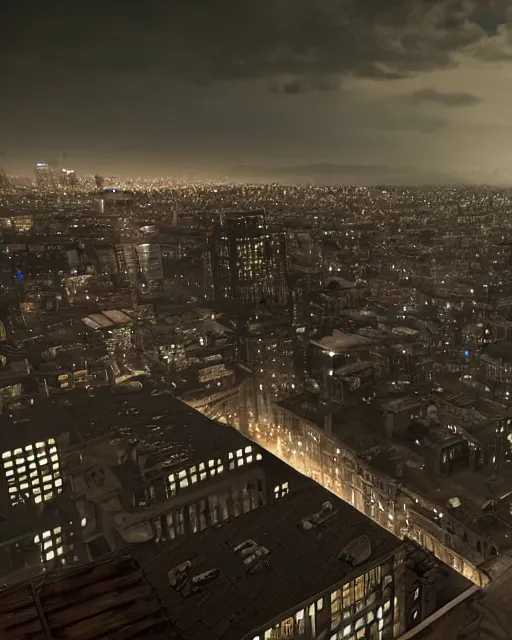 Image similar to a night rooftop scene, close up shot of a photorealistic gangster wearing a trench coat looking at the city below, unreal engine, hyper realism, realistic shading, cinematic composition, extremely detailed