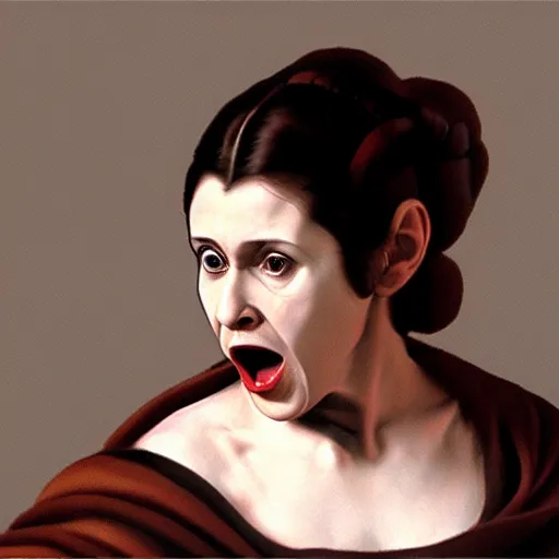 Image similar to a caravaggio artwork film of princess leia screaming, artwork by caravaggio