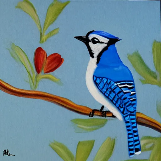 Image similar to a painting of a bluejay returning to the girl that raised it
