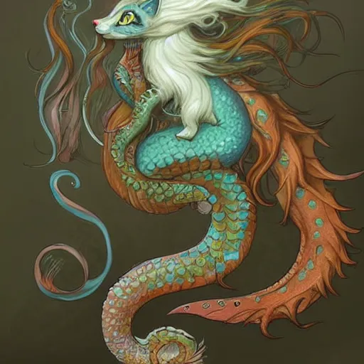 Image similar to cat seahorse mermaid shapeshifter, long-haired humanoid fursona by Peter Mohrbacher and Louis Wain, furaffinity, trending on artstation