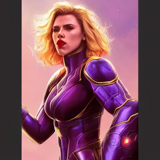 Image similar to scarlett johansson as thanos, feminine beautiful muscular fitness model wearing armor, red lips, attractive, highly detailed full body portrait, pretty face, elegant, breathtaking art, concept art, by artgerm and ilya kuvshinov