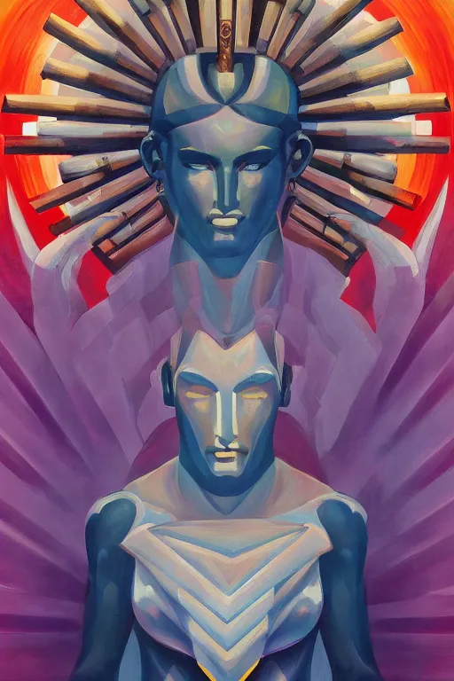 Image similar to a beautiful symmetrical art deco painting of a god worshipped by gay cowboys, trending on artstation