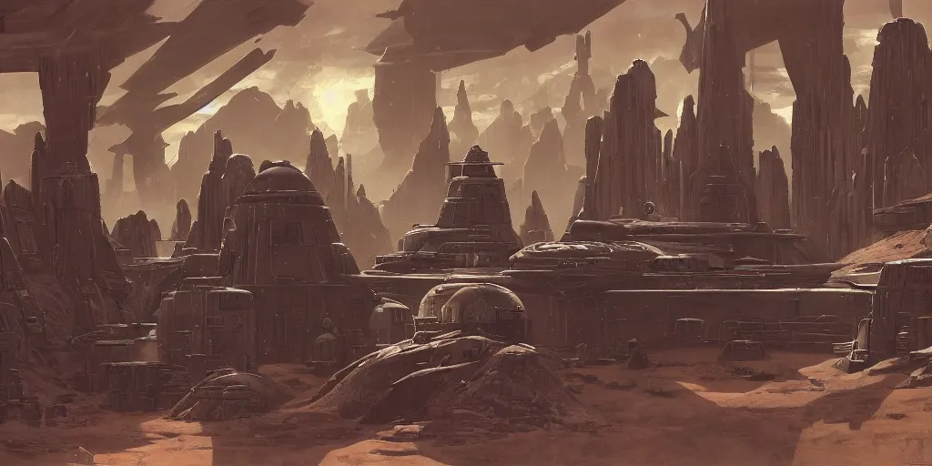 Prompt: star wars mandalorian environment by aaron horkry and ralph mcquarrie