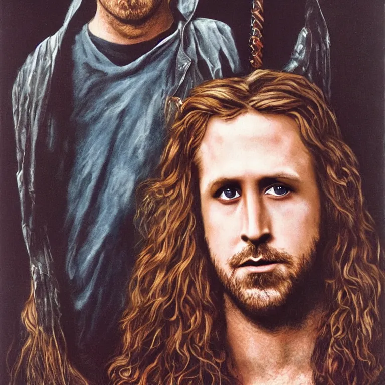 Image similar to Pre-Raphaelite portrait of Ryan Gosling as the leader of the cult 1980s heavy metal band \'Metallica\', with very long blond hair and grey eyes, high saturation