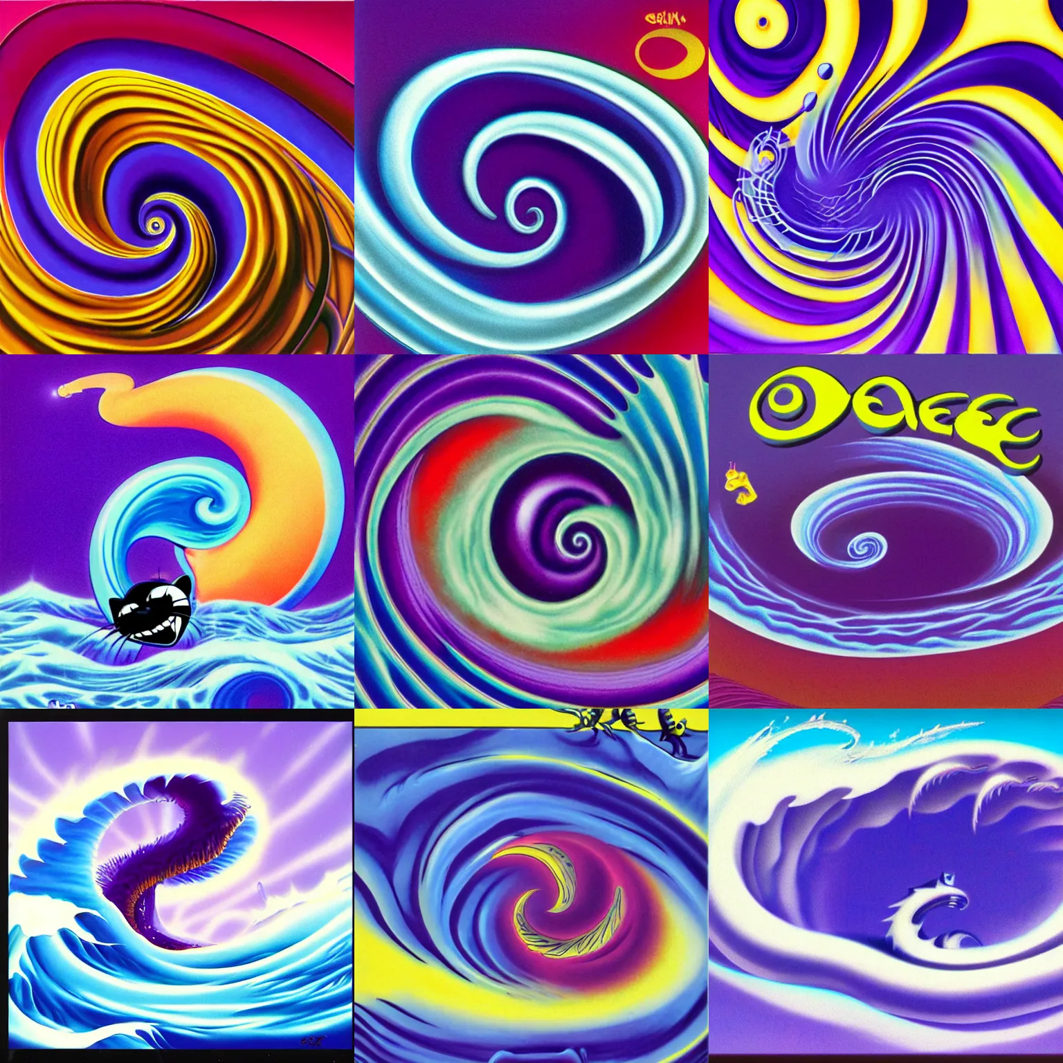 Prompt: surreal, sharp, detailed professional, high quality airbrush art album cover of a blue cresting ocean wave spiral in the shape of felix the cat, purple checkerboard background, 1990s 1992 Sega Genesis box art