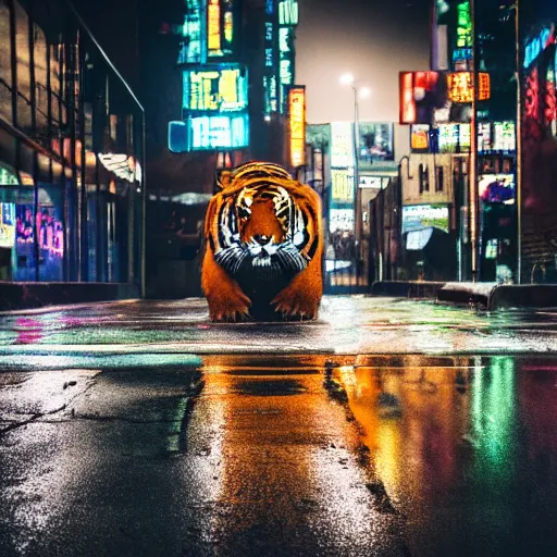 Image similar to a high quality low wide angle photo of a tiger on the streets of a cyberpunk city, rainy, reflective ground, neon lights, realism, 8k