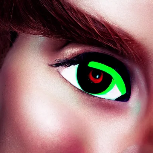 Prompt: a portrait of a beautiful cyborg girl, red hair, glowing green eyes,