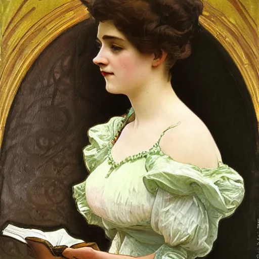 Prompt: young victorian woman in ball gown, reading, painted by alphonse mucha