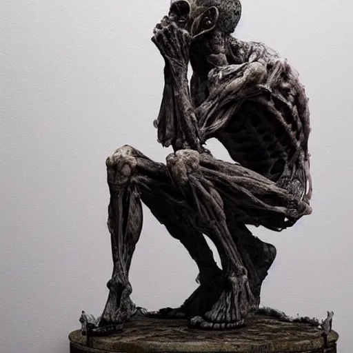 Prompt: A very detailed aesthetic horror painting titled 'The Thinker' description 'Statue made out of flesh and bones' by Takashi Murakami and Wayne Barlowe, Trending on cgsociety artstation, establishing shot, 8k, masterpiece, highly detailed.