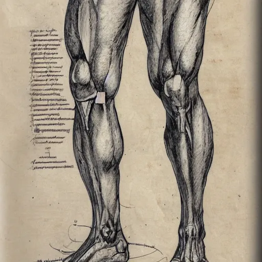 Prompt: full page scan of 1400s detailed human thigh concept art, architectural section, plan drawing, page, paper, parchment, papyrus, fantasy, horror, occult, diagram, informative texts, graphs, notes, scribbles, human thigh anatomy anatomical, blur