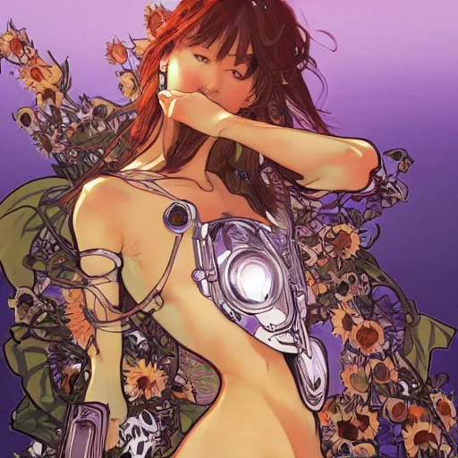 Image similar to beautiful woman cybernetic combat mech augmentations sunflower field sunset beautiful by alphonse mucha yoji shinkawa and james gurney artstation hyperrealism