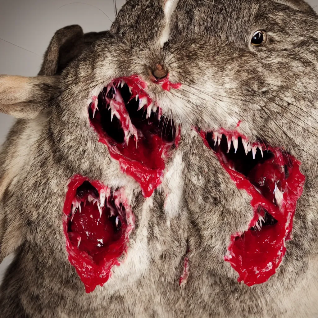 Image similar to hq studio portrait of predatory rabbit with big canine teeth and blood dripping from it's mouth