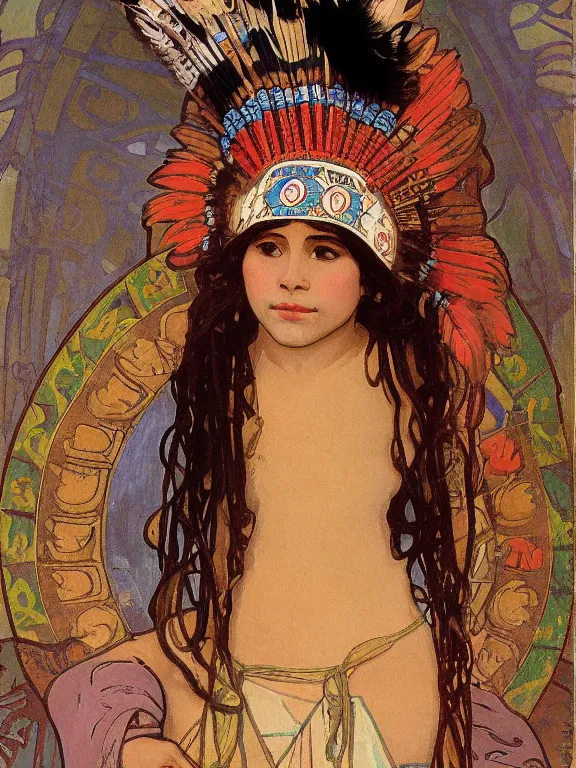 Image similar to an art nouveau painting of a pretty young native mayan woman dressed in a traditional, modest coat of beads and feathers and an elaborate headdress, in front of an aztec calendar, by alphonse mucha and james gurney and john william waterhouse