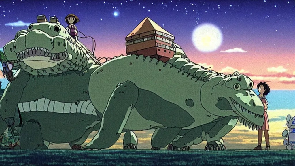 Image similar to a movie still from a studio ghibli film showing a giant mechanized crocodile from howl's moving castle ( 2 0 0 4 ). a pyramid is under construction in the background, in the rainforest on a misty and starry night. a ufo is in the sky. by studio ghibli