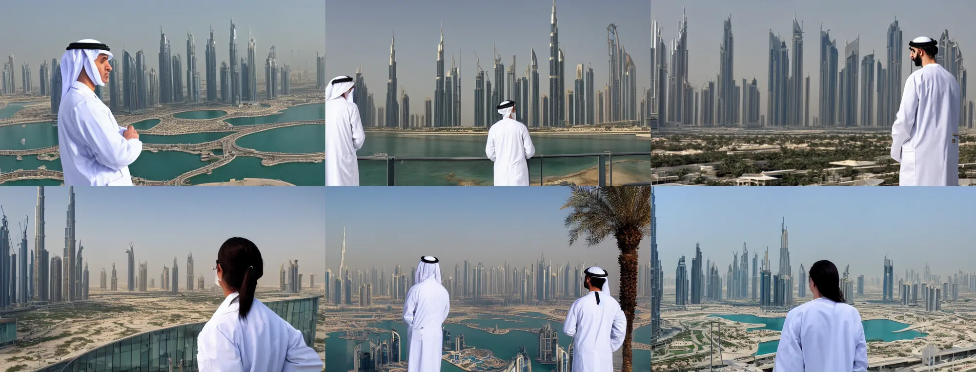 Prompt: a medical laboratory scientist in lab coat gazing at the dubai skyline