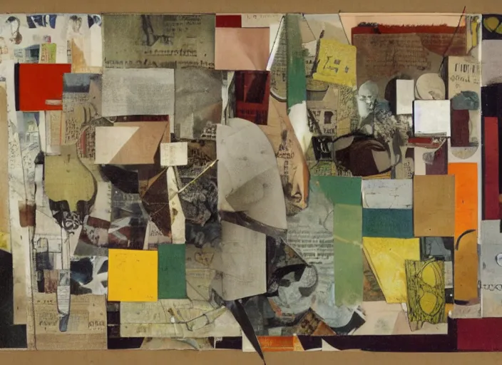 Prompt: a collage artwork by kurt schwitters, mix of geometric and organic shapes, both bright and earth colors, old photograph clippings