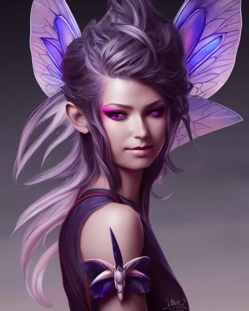 Image similar to 3 / 4 view of a woman with fairy wings, confident pose, pixie character, video game genshin impact, cell shaded anime intricate, elegant, sharp focus, illustration, highly detailed, concept art, matte, magali villeneuve, artgerm, anime, trending on artstation