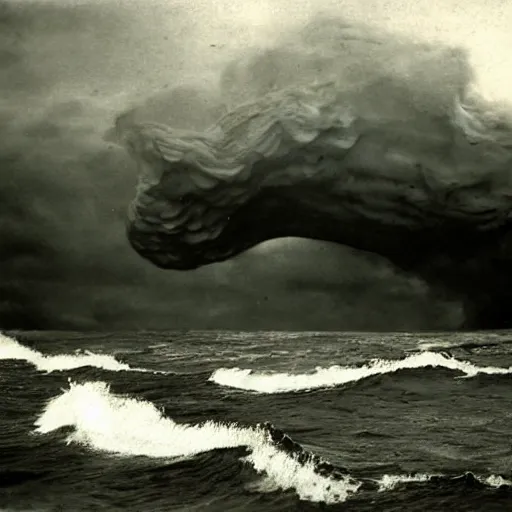 Image similar to giant anomalous creature in the middle of a violent stormy ocean, 1910s photograph