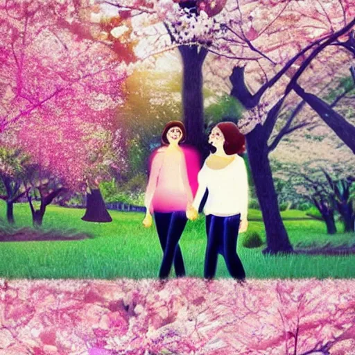 Prompt: “ two transgender lesbians happily walking together in a park holding hands with cherry blossoms in the air, realistic illustration, colorful art ”