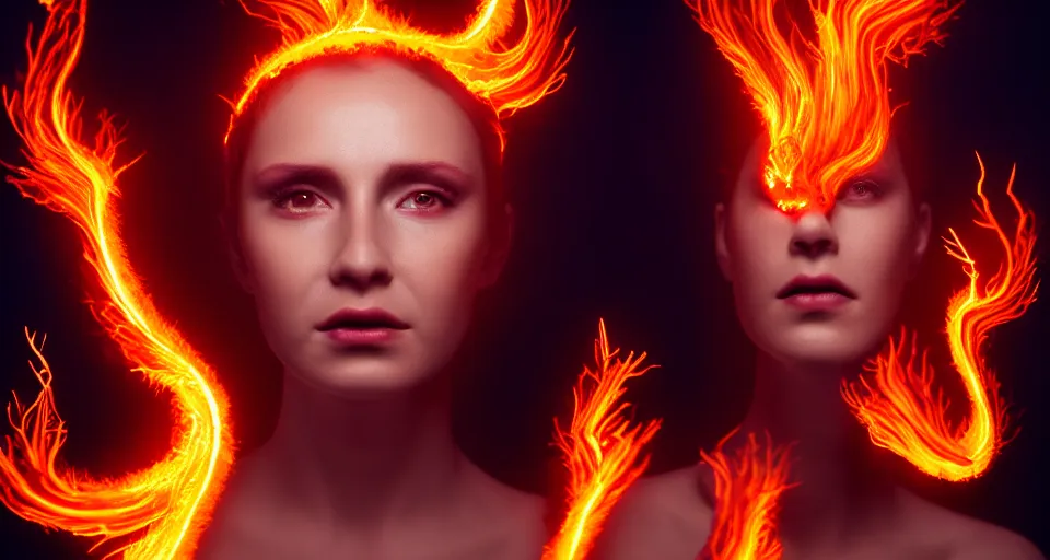 Image similar to portrait of a woman with horns made of flames in the wisps of thick smoke, looking into the camera, studio photography, studio lighting, realistic render, octane render, 4 k, 8 k, face in focus