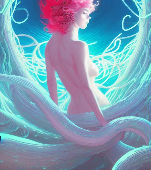 Prompt: harmony of neon glowing coral, tentacles, dynamic pose ( white hair merman yoongi elf ears, no nose portrait ) by wlop, james jean, victo ngai, muted colors, highly detailed, fantasy art by craig mullins, thomas kinkade,