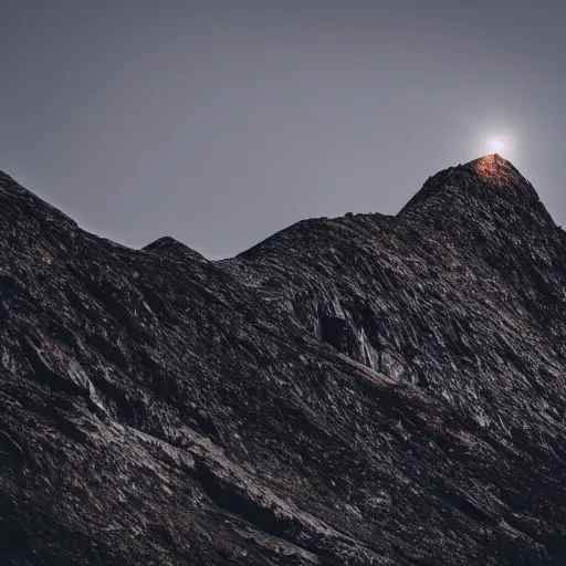 Prompt: a black dot in the sky pulling in a mountain, dark lighting, landscape