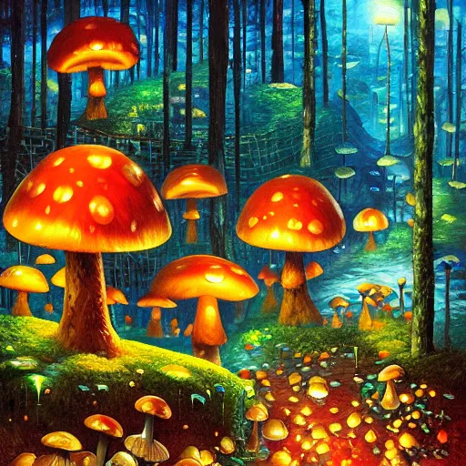 Image similar to mushroom village located deep in a forest, bioluminescent, art by james christensen, rob gonsalves, paul lehr, leonid afremov and tim white