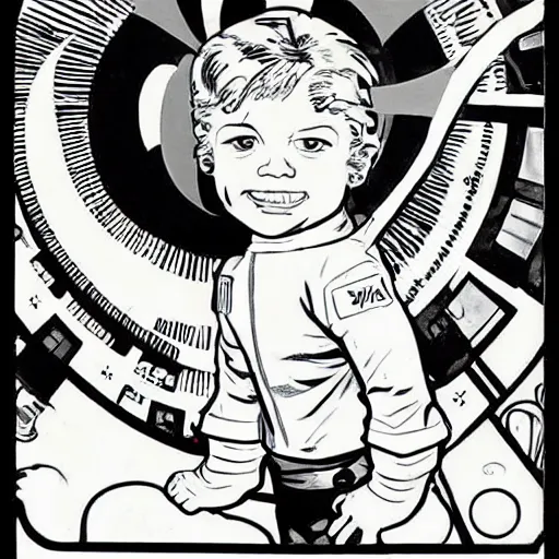 Image similar to a cute little boy with a mischievous face and short ginger hair. he is dressed as an astronaut. well composed, clean elegant painting, beautiful detailed face. comic book art by steve ditko and jack kirby and ( alphonse mucha )