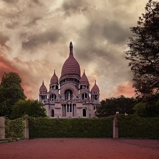 Prompt: abandoned Basilica of Sacré Coeur de Montmartre, toxic orange and pink clouds strain the sunlight, stark contrasting lighting, contrejour, a two-headed mutated deer-like creature looks on in the distance from the sparse twisted silhouetted foliage, a highly detailed colorful matte painting by Scott Listfield and Mikko Lagerstedt, featured on Artstation, Unreal Render, 8k HDR, fisheye