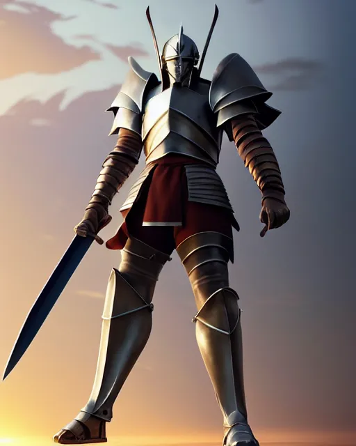 Image similar to powerful warrior with a greatsword and fully clad in plate armor, dramatic action pose, square masculine jaw, short messy hair, 3 d octane render, unreal engine 5, ultra high detail, cel shaded, trending on pixiv fanbox, by greg rutkowski makoto shinkai takashi takeuchi studio ghibli, akihiko yoshida