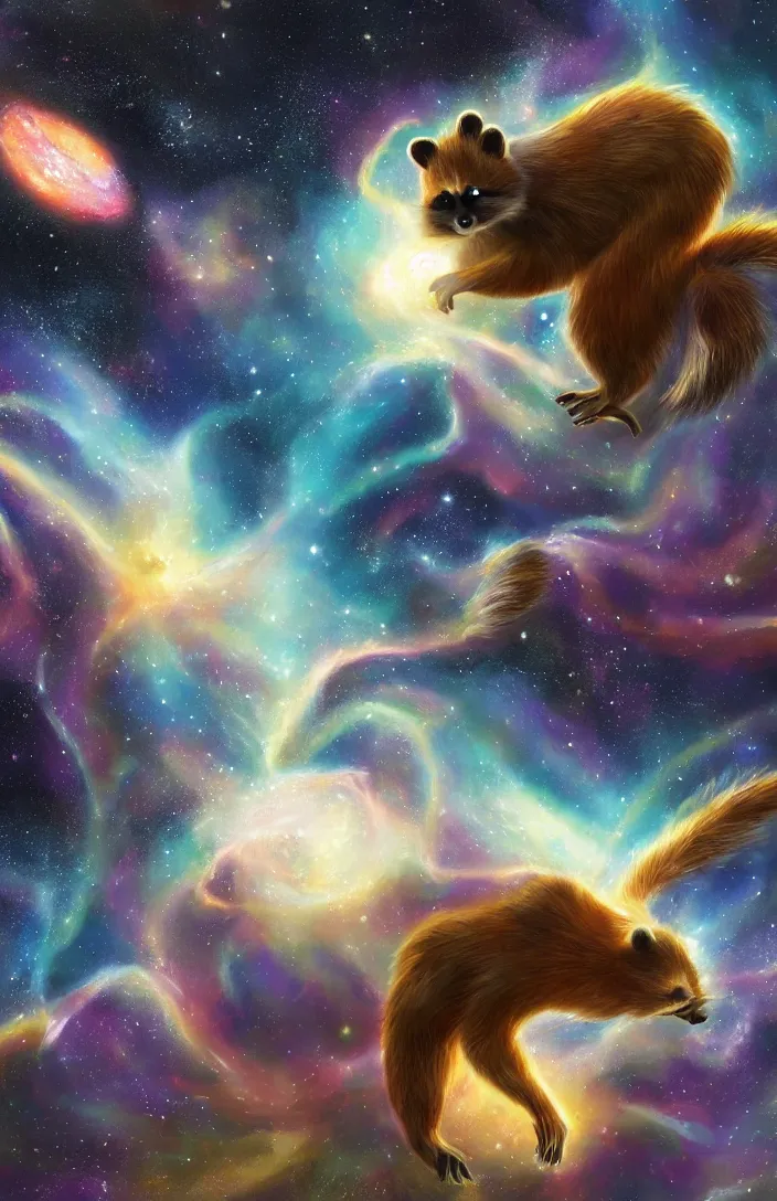 Image similar to A digital concept art painting a space cosmic racoon in the stars, space art concept