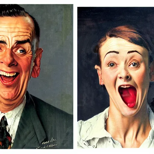 Prompt: Front portrait. On the left, a man trying to look as alpha male as possible. On the right, a woman laughing at him. A painting by Norman Rockwell.
