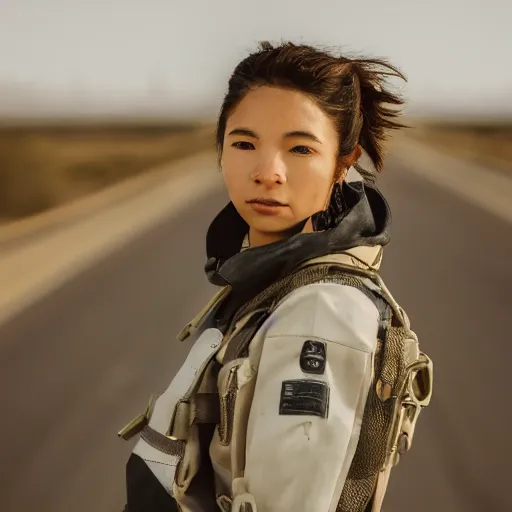 Image similar to photograph of a techwear woman, closeup, on a desert road with a futuristic city in the horizon, sigma 85mm f/1.4, 4k, depth of field, high resolution, 4k, 8k, hd, full color