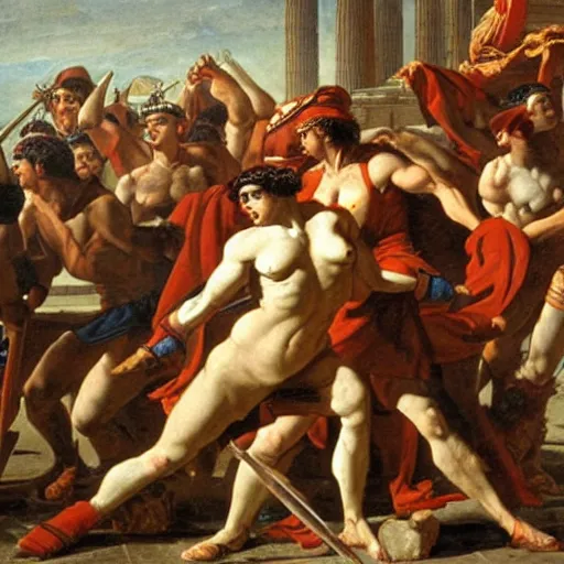 Image similar to muscular warrior women, spartan warrior women, women fighting men, muscular men, roman warrior men, clashing in gladiatorial arena, roman coliseum, roman emperor watching, art by jacques - louis david