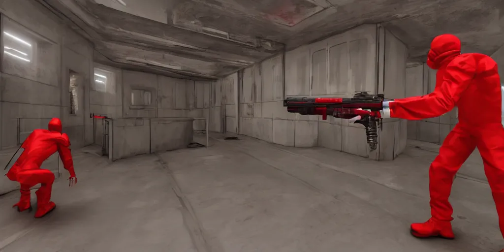 Image similar to red hazmat holding a minimalist shotgun, in an underground facility, sterile, MC Escher style architecture, human farm, action shot, cinematic, unreal engine, concept art