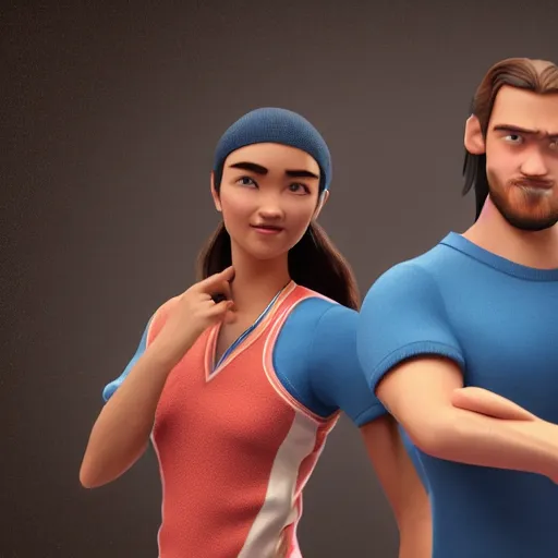 Image similar to young beautiful athletic Filipino woman with long hair standing beside a handsome caucasian athletic thin man with very short buzzed thinning hair, stubble beard on his face, blue eyes, they are posing, depicted as adult Pixar characters, high quality cg render, 4k