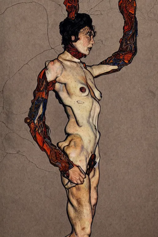 Image similar to a full body character with lifted arms in style of egon schiele, masterpiece, hyperdetailed, complex, intricate, veiled, 4 k, dynamic!! trending on artstation,