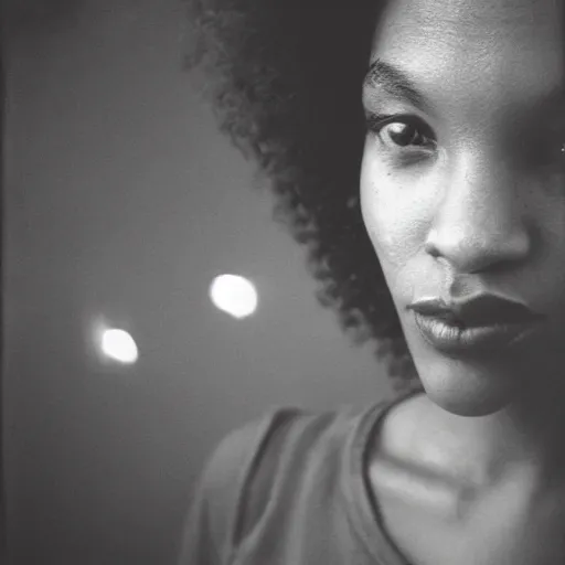 Prompt: portrait, extreme close up, sepia, light - skin young woman, afro hair, stares at the camera, night sky, stars, bruce gilden, leica s, fuji 8 0 0, grainy, low light