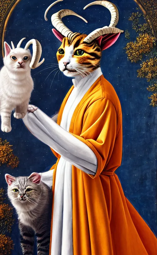 Image similar to a bipedal cat that has goat horns, anthropomorphic cat that is wearing robes, oil painting, by sandro botticelli, dnd, character reveal, cosmic, magical, fog, noble, full body portrait, intricate, ornate, extremely detailed, cult, ritual, 4 k, 8 k