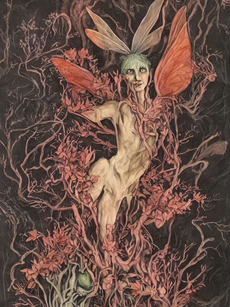 Image similar to Faerie prince of fungi and decay. Chiaroscuro gouache painting.