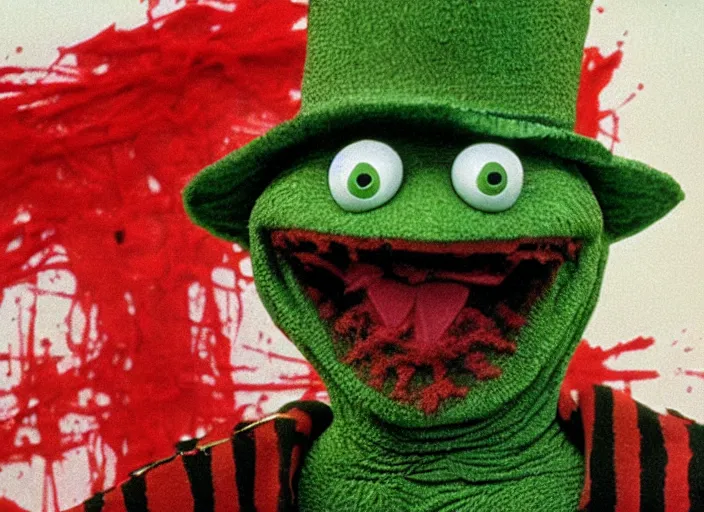 Image similar to freddy krueger as kermit the frog, happy face. long shot, happy colors, by hermann nitsch and hermann nitsch, high detail