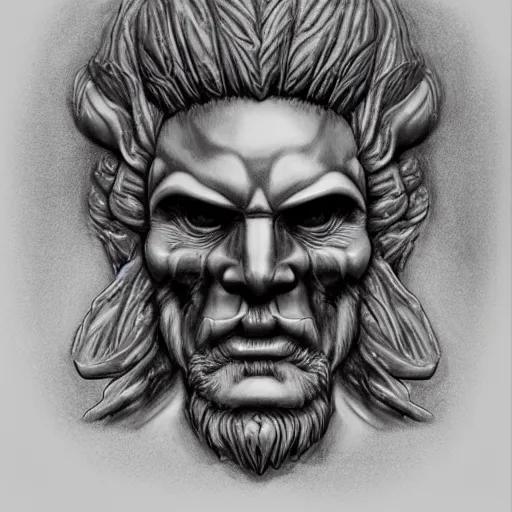 Image similar to hyperrealistic drawing of a marble stone sculpture of the bust of a storm giant, empty eye sockets, crown of metal, by larry elmore