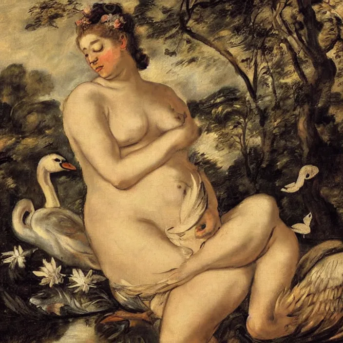 Image similar to leda with swan in a stunning landscape, golden light in center of painting, oil painting by frans hals