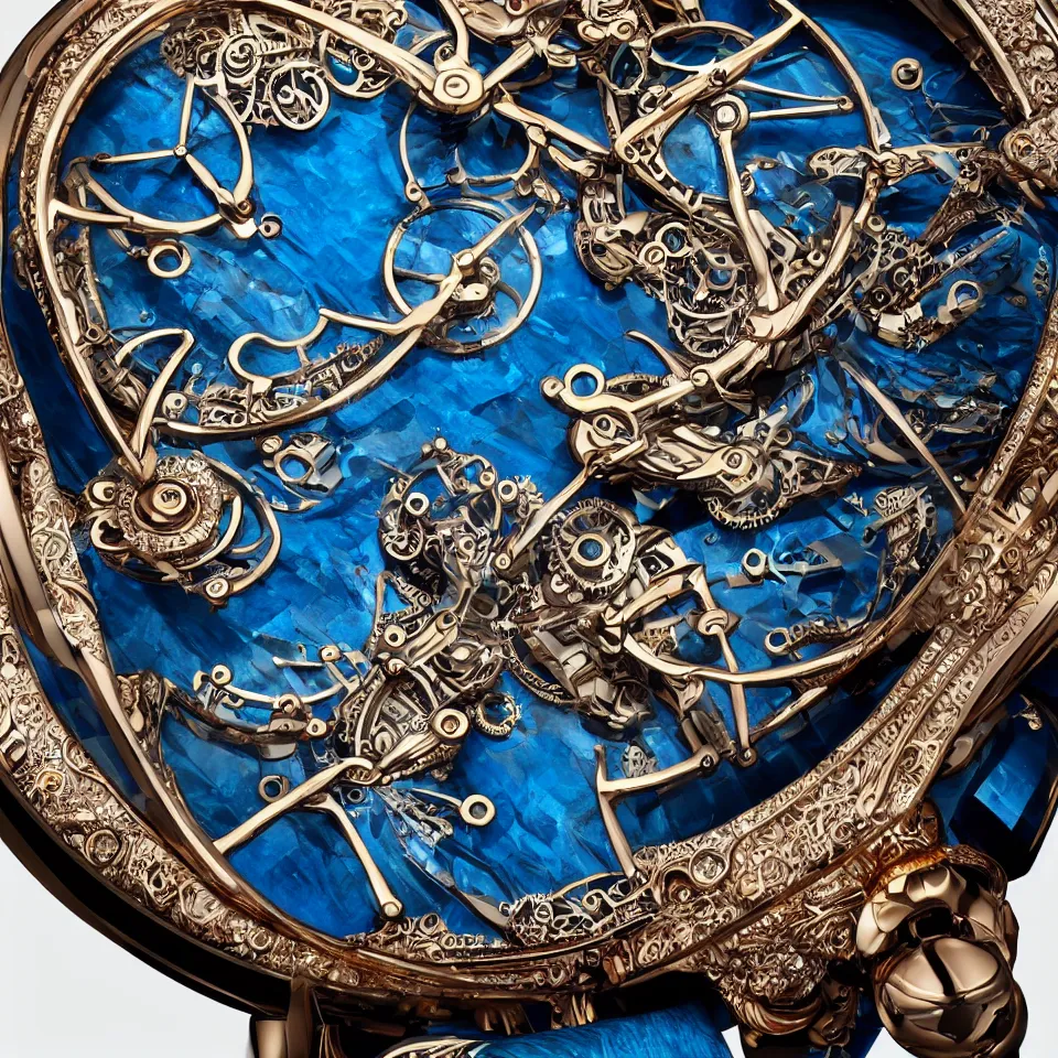 Image similar to a steampunk sleek, jewelled, tropical bird repeater watch by Jaquet Droz, highly detailed illustration highlights, gold and silver highlights, neon blue highlights, macro photography, F/2.8, trending on artstation, octane render